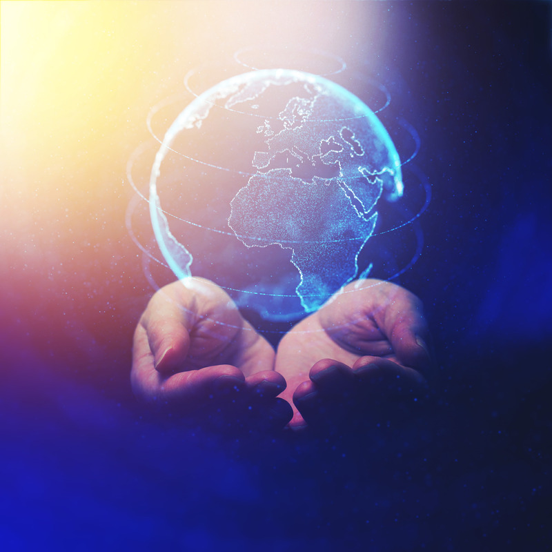 Global business and communication concept, connected world in hands of business person, abstract illustration mixed media